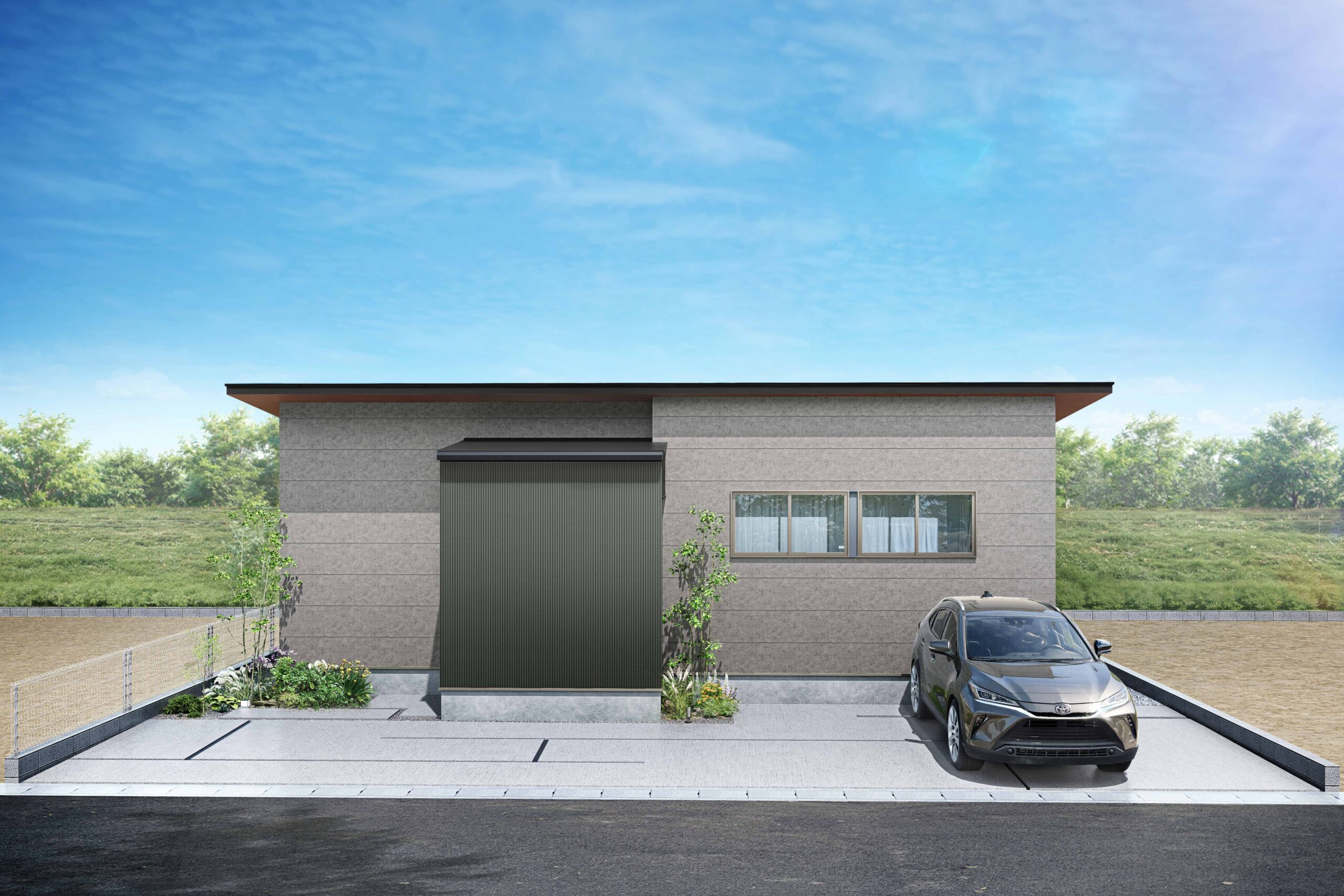 質感の異なる２つの素材を組み合わせた立体感のある平屋